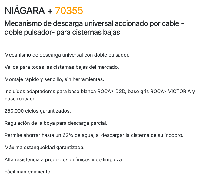 MECANISMO DESCARGA CABLE + PULSADOR DOBLE + KIT TAZA TANQUE NIAGARA (PRHIE)
